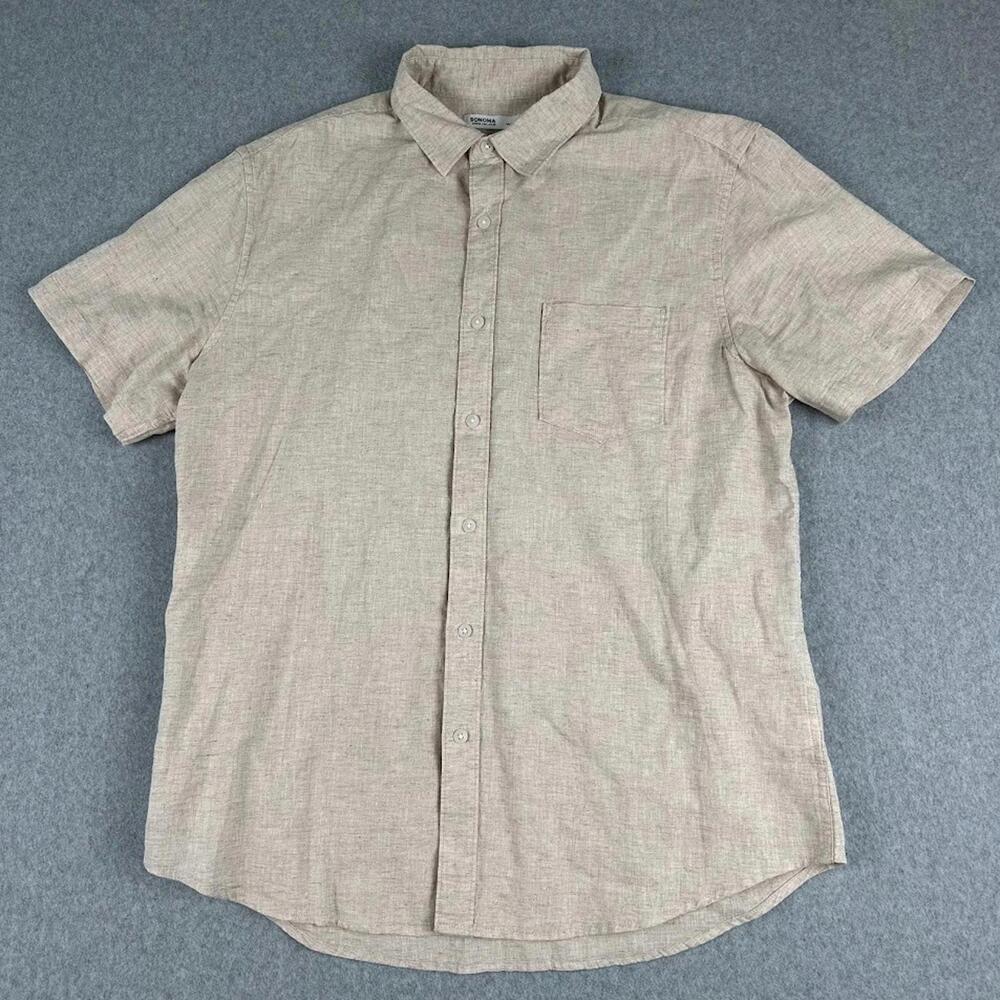 Sonoma Button Down Short Sleeve Shirt Linen Blend Large Cream White Dress Casual